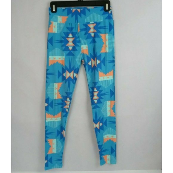 New LuLaRoe One Size Leggings Blue & Peach With Aztec Design - Picture 2 of 6